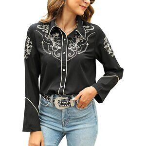 Women's Black Cowgirl Long Sleeve Embroidered Button Up Dressy Blouses Shirts